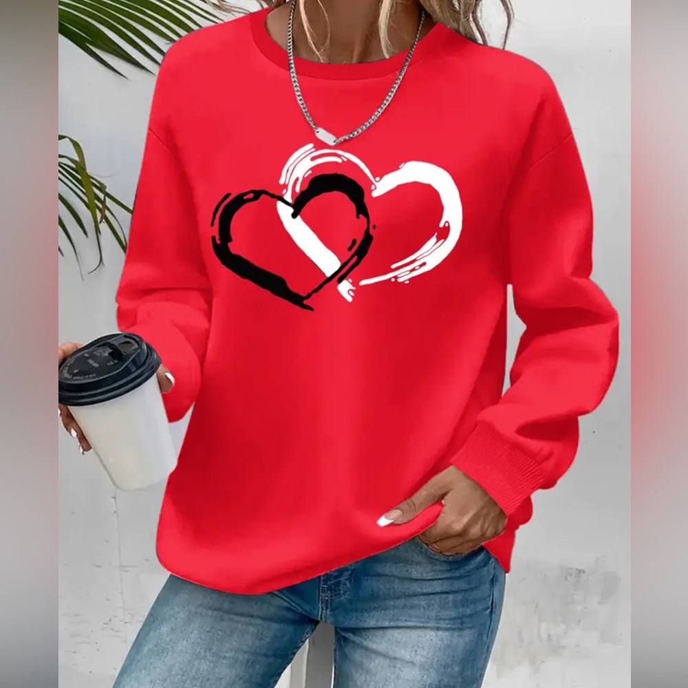 New Red Hearts Love Pullover Soft Sweatshirt Sz XL